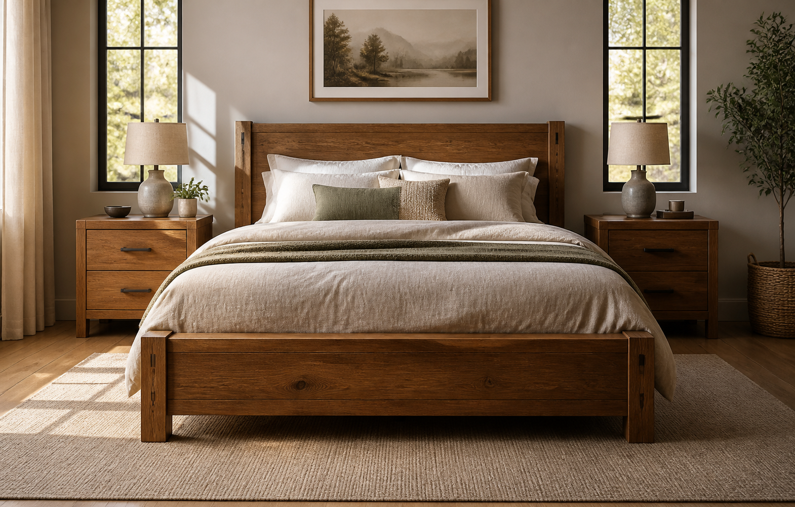 Solid hardwood bed frame in a warm, naturally lit bedroom