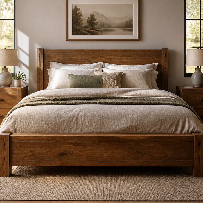 Solid hardwood bed frame in a warm, naturally lit bedroom