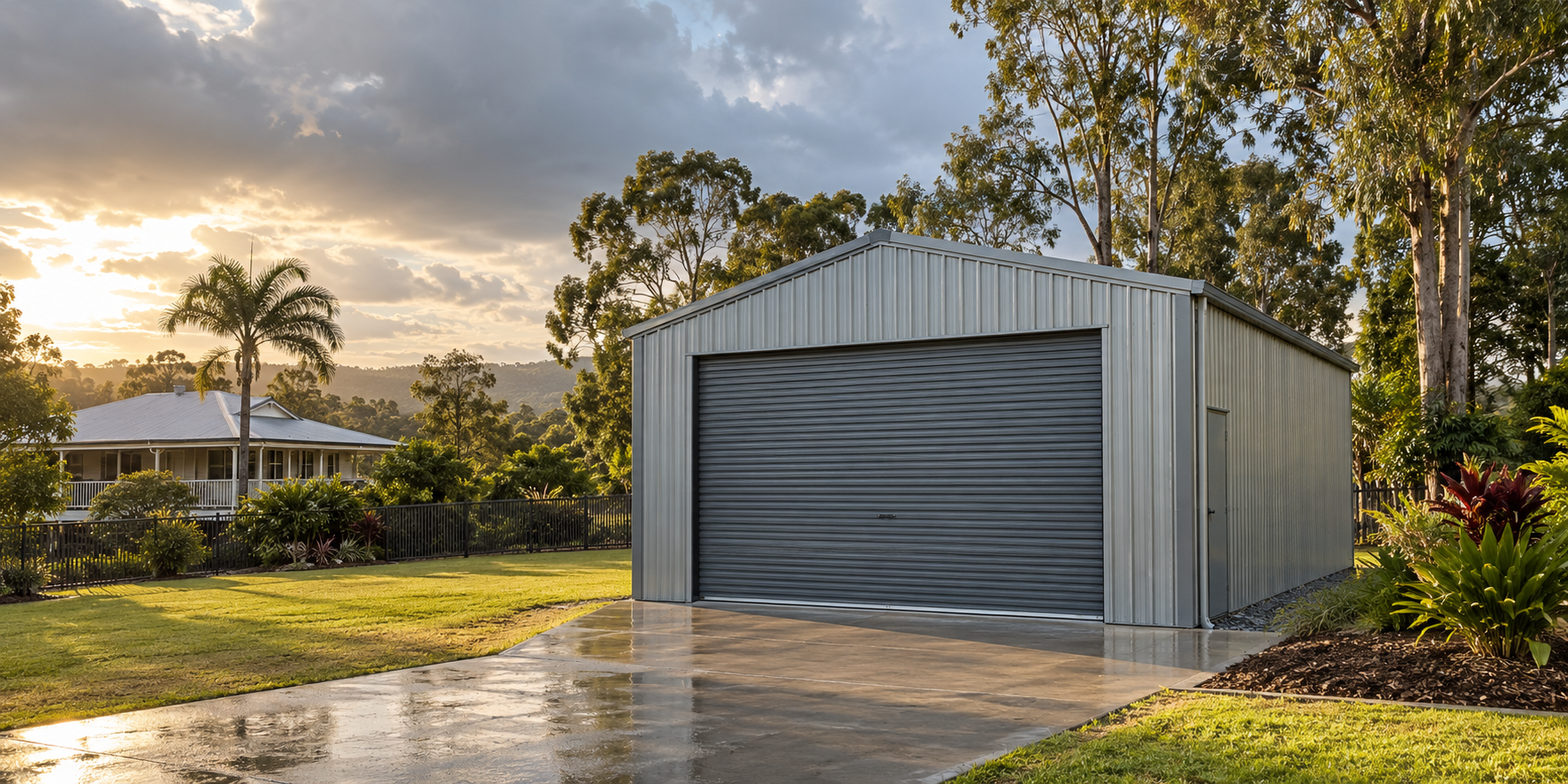 Steel shed on a Brisbane property after rain