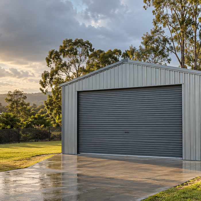 Steel shed on a Brisbane property after rain
