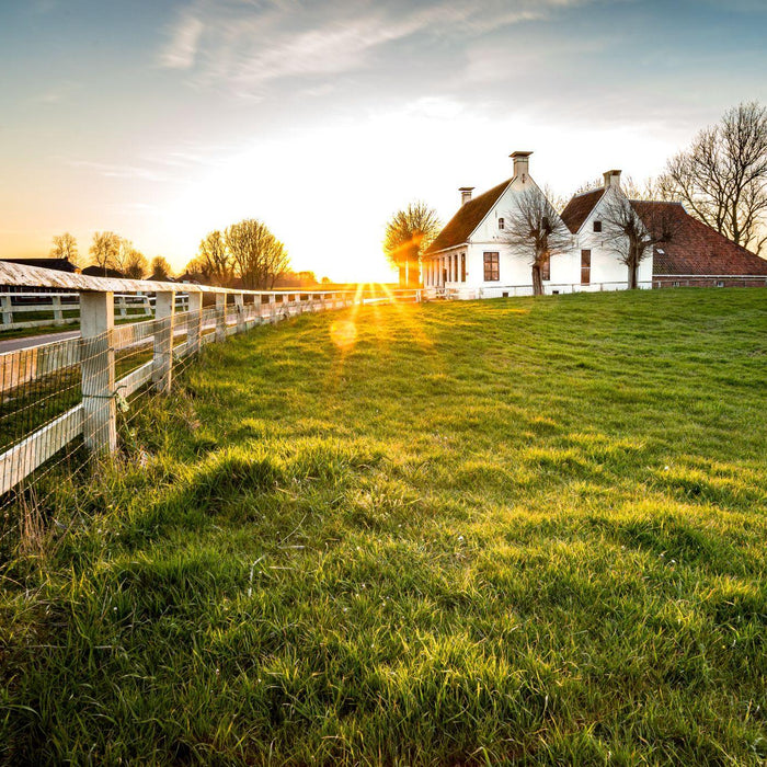 Fence leading toward a rural house across green grass