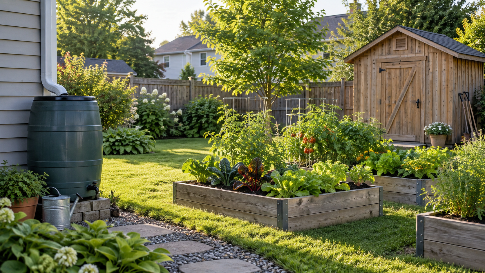 Suburban backyard with raised vegetable beds, rain barrel, and garden shed