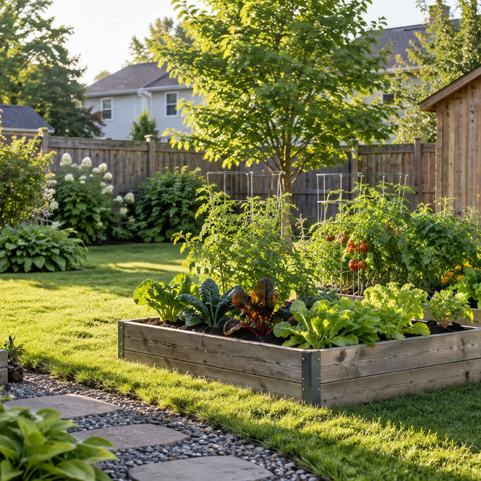 Suburban backyard with raised vegetable beds, rain barrel, and garden shed