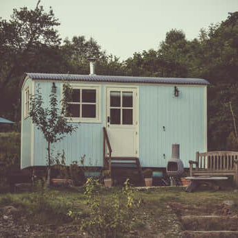 Small backyard storage shed beside trees and outdoor furniture