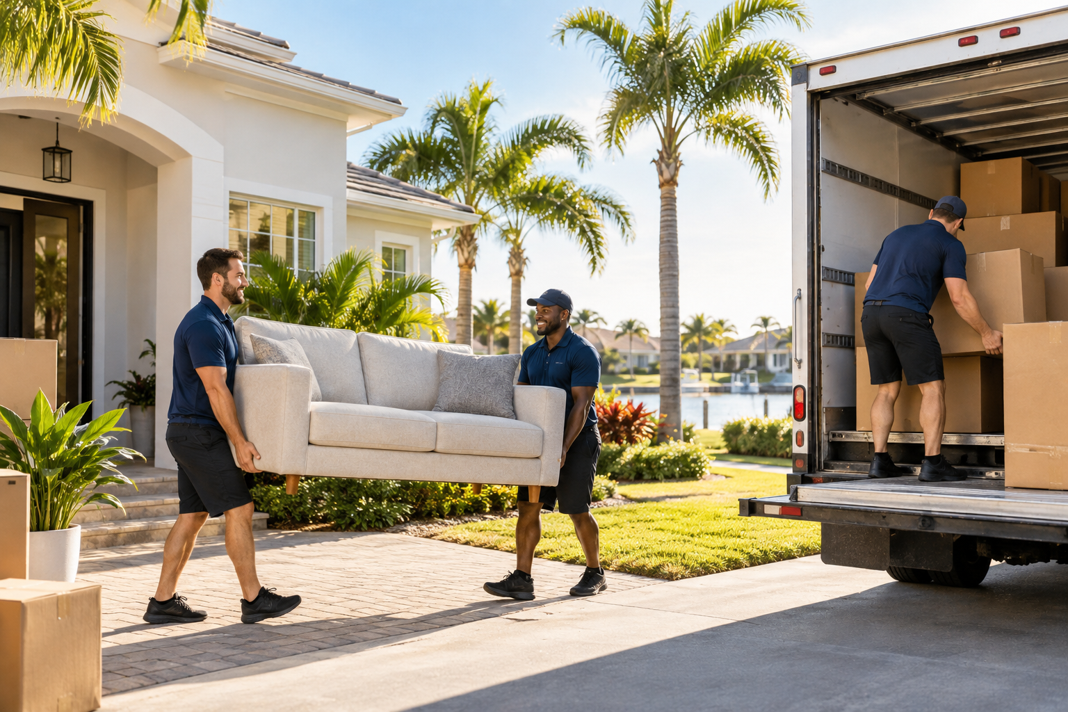 Professional movers carrying furniture outside a Tampa home