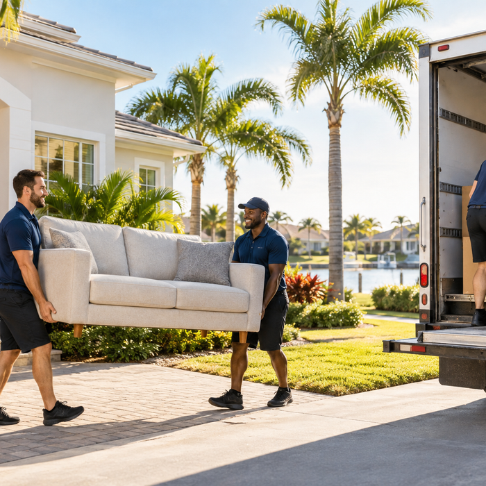 Professional movers carrying furniture outside a Tampa home