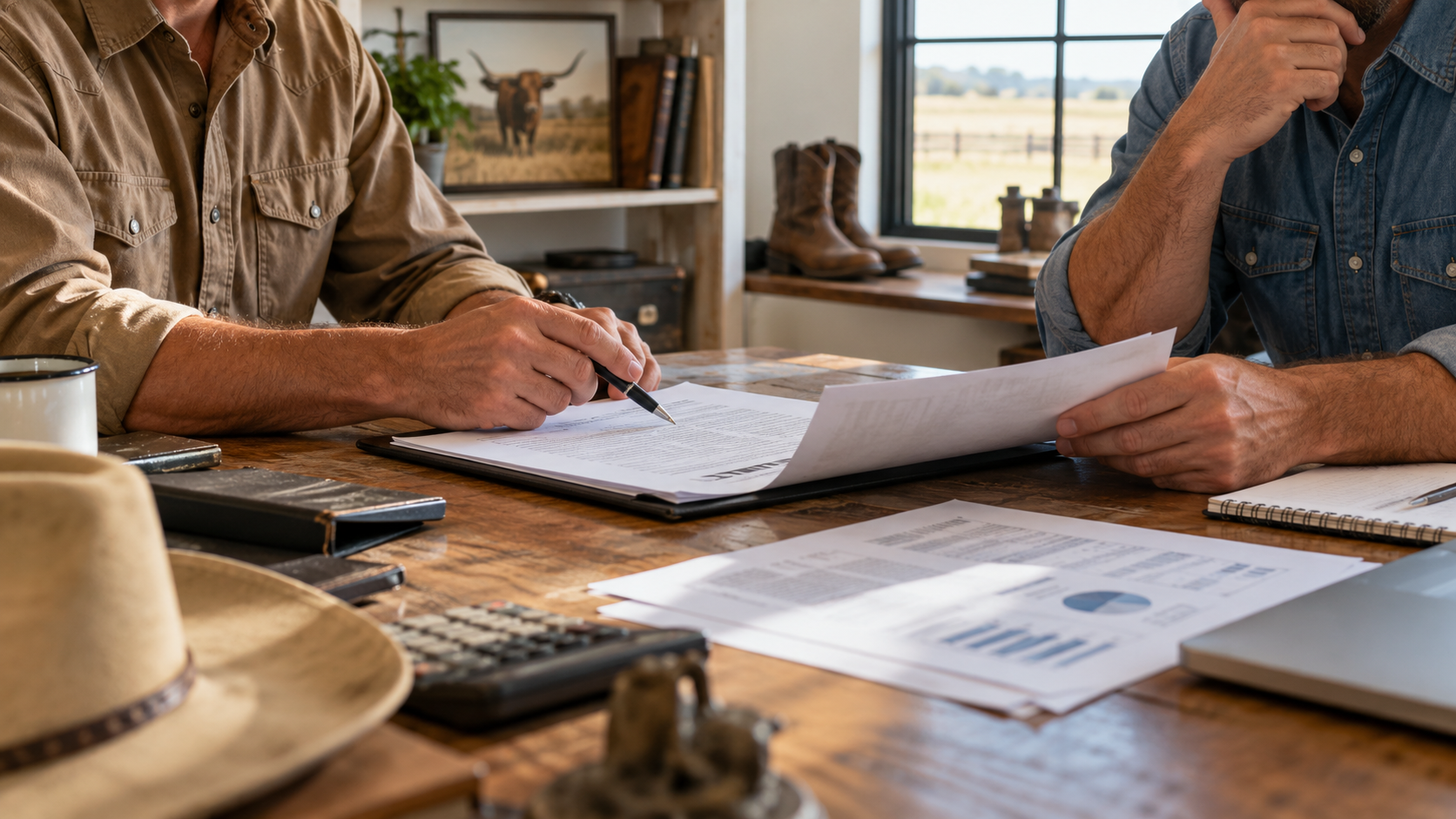 Two Texas small-business partners reviewing a partnership agreement