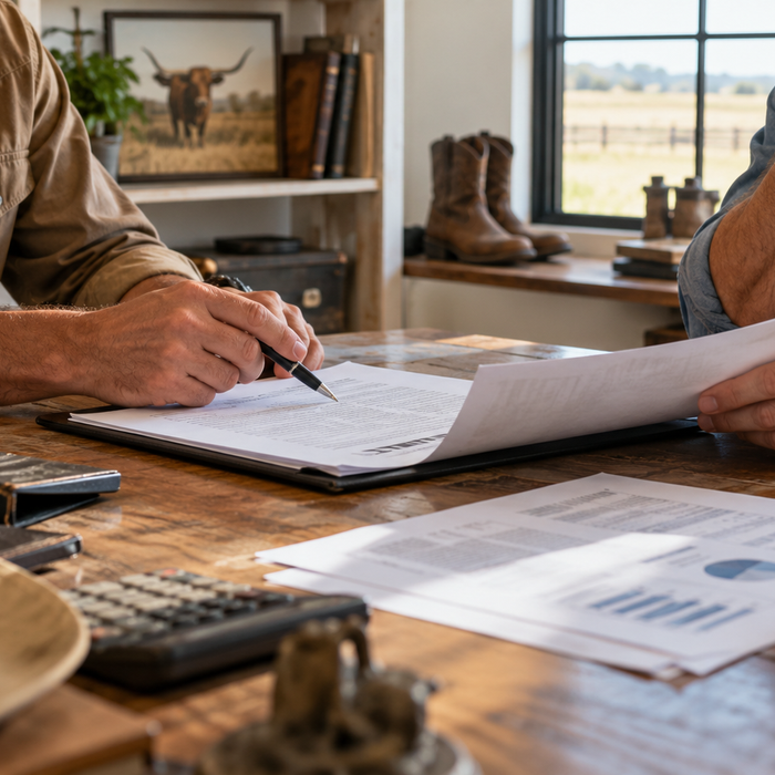 Two Texas small-business partners reviewing a partnership agreement