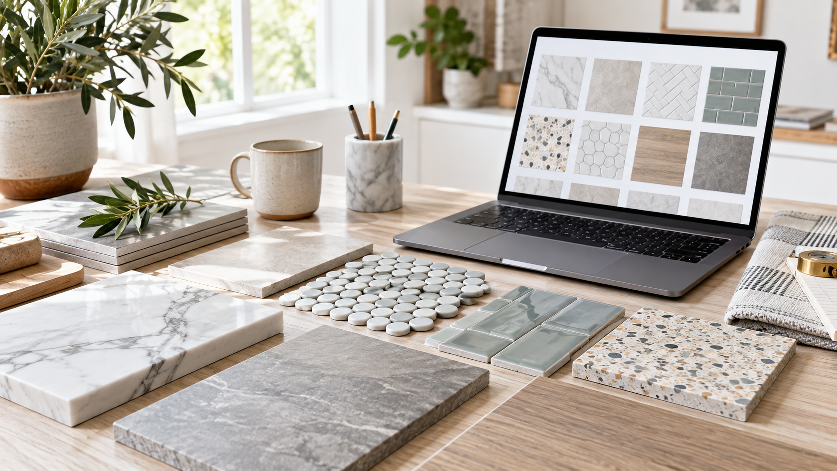 Tile samples arranged beside a laptop for comparing online tile retailers
