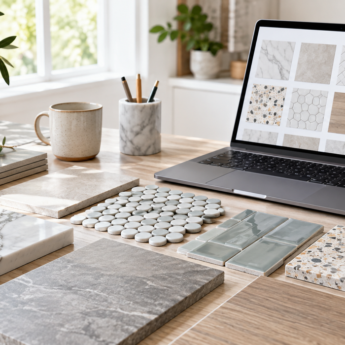 Tile samples arranged beside a laptop for comparing online tile retailers