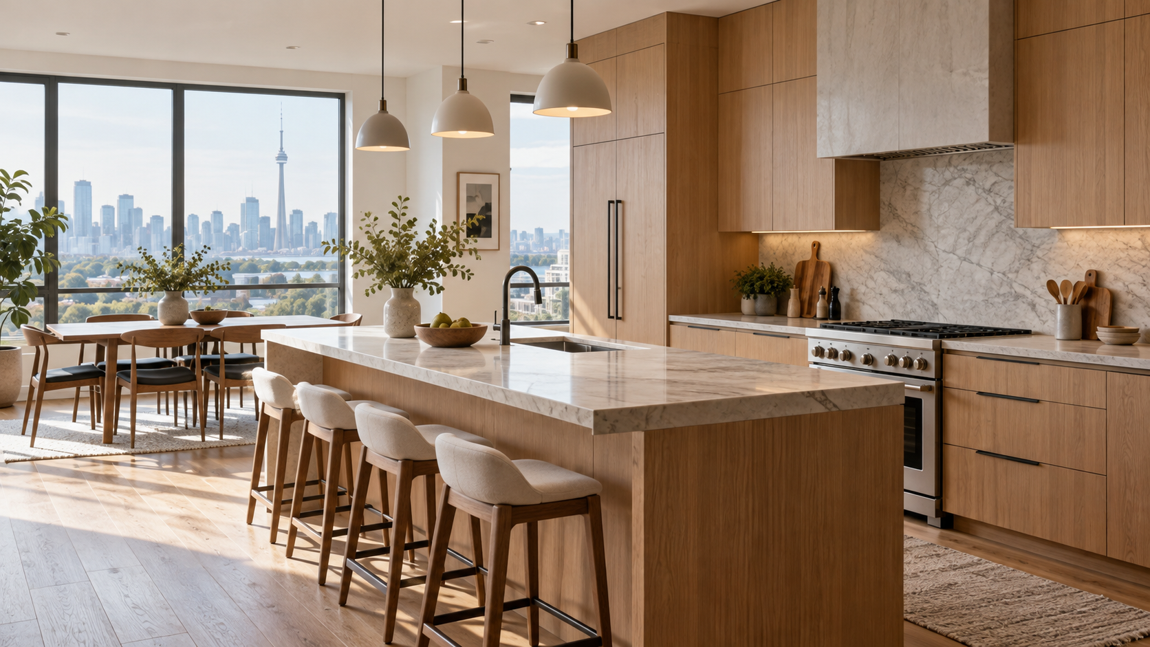 Renovated modern Toronto kitchen with warm wood cabinetry and city skyline