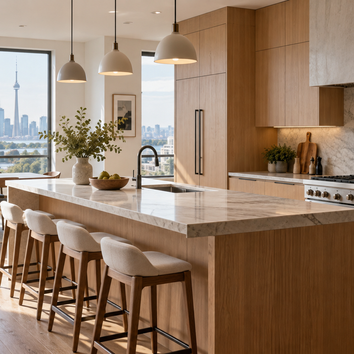 Renovated modern Toronto kitchen with warm wood cabinetry and city skyline