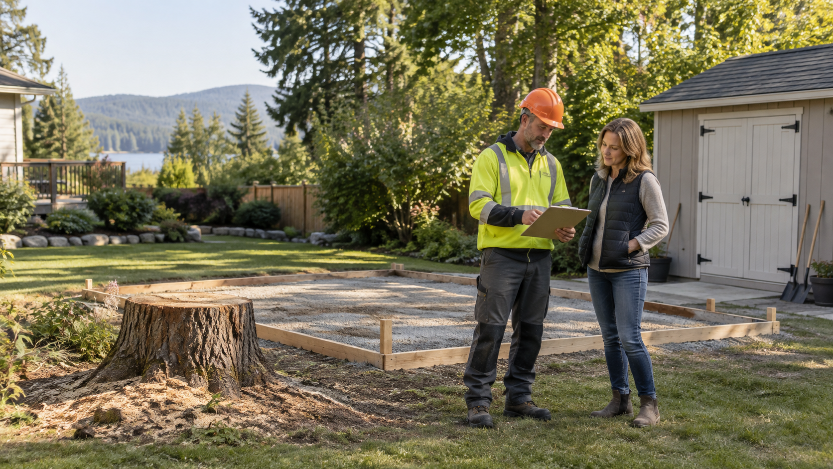Arborist reviewing a tree-removal estimate beside a prepared backyard shed site