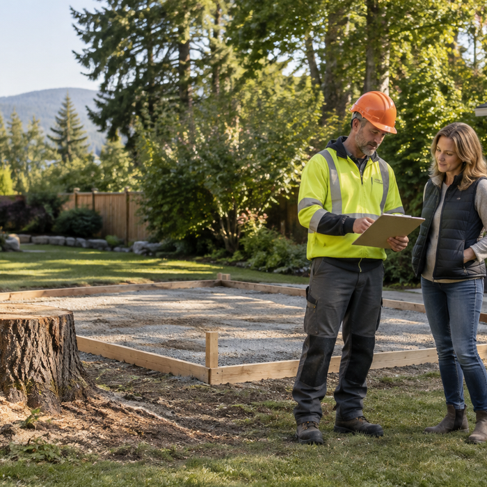 Arborist reviewing a tree-removal estimate beside a prepared backyard shed site