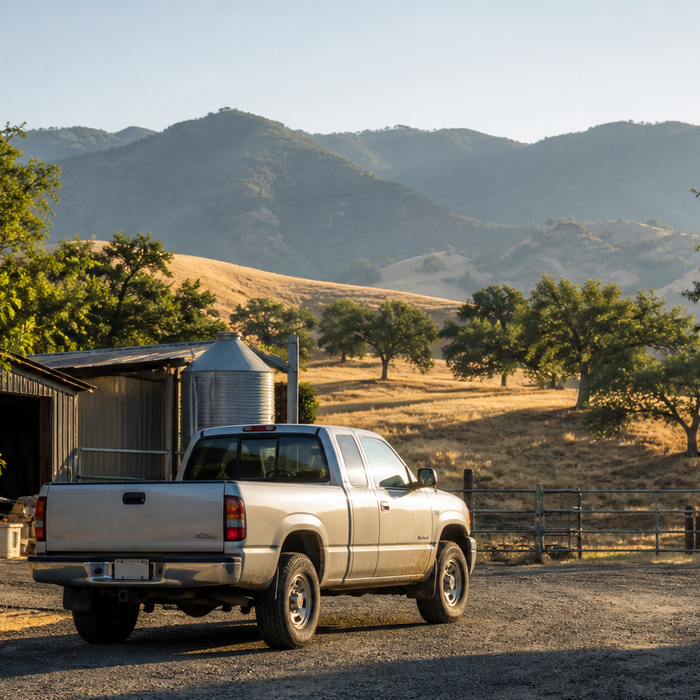 Pickup truck parked beside a rural California homestead