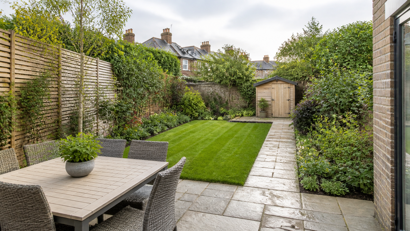 Well-planned UK back garden with patio, lawn, borders, pathway, and wooden storage shed