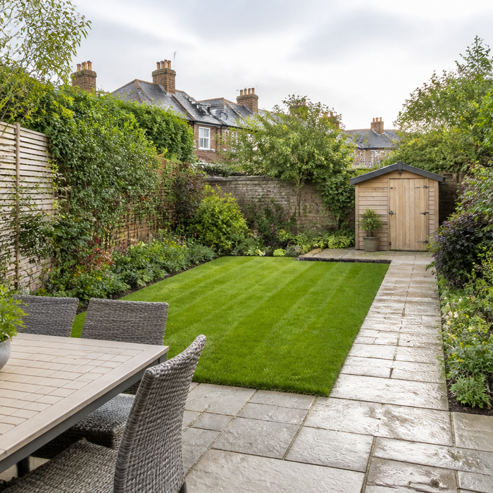 Well-planned UK back garden with patio, lawn, borders, pathway, and wooden storage shed