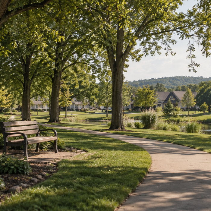 Tree-lined neighborhood park with a bench and walking path