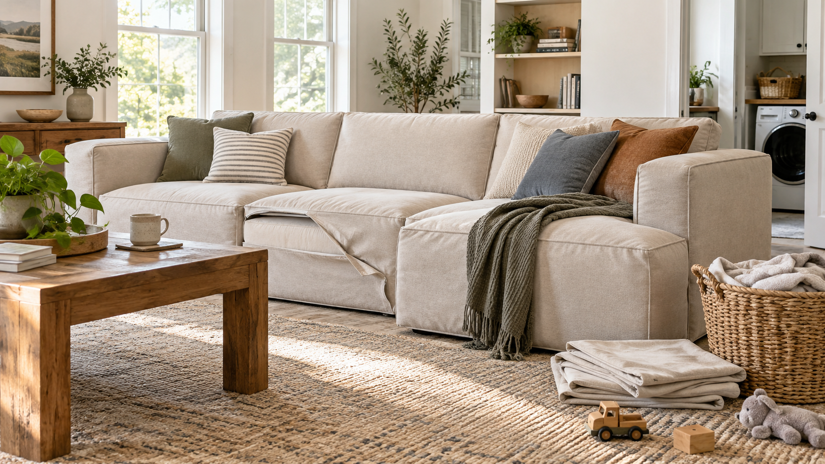Modern fully washable modular sofa in a bright family living room