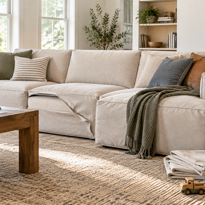 Modern fully washable modular sofa in a bright family living room