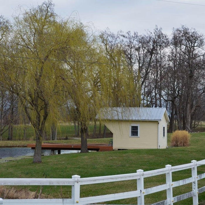 Small rural homestead beside a pond, willow tree, and white fence
