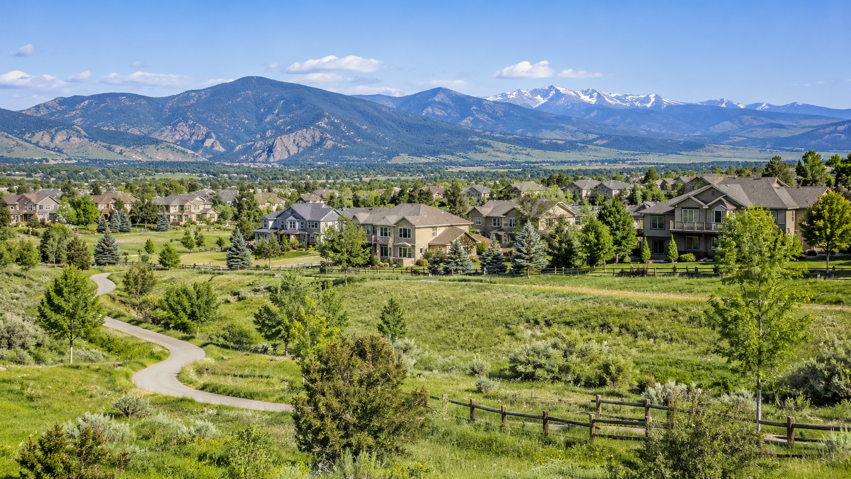 Colorado suburban neighborhood with expansive Front Range mountain views