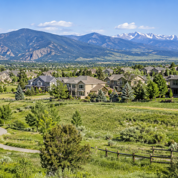 Colorado suburban neighborhood with expansive Front Range mountain views