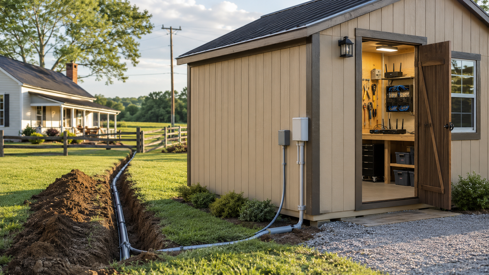 Detached rural workshop with an underground conduit run, exterior utility connections, and organized internet and phone networking equipment inside.