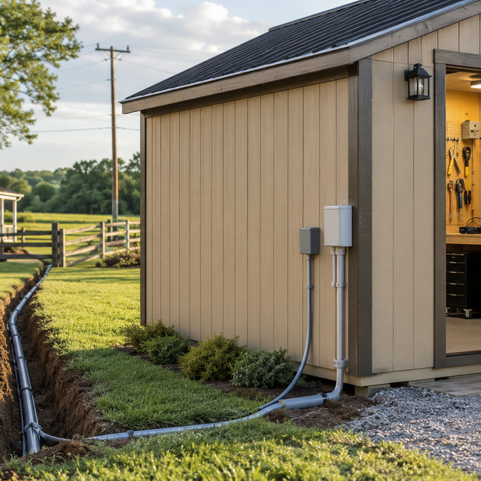 Detached rural workshop with an underground conduit run, exterior utility connections, and organized internet and phone networking equipment inside.