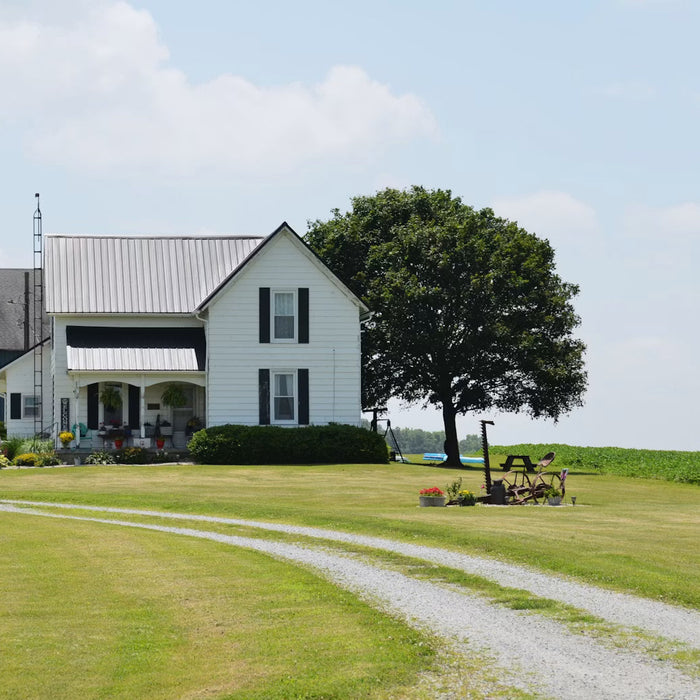 White farmhouse beside a gravel country road