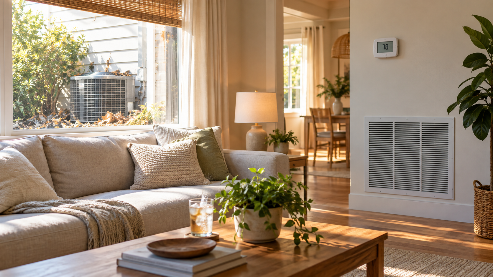 Warm living room with thermostat, air vent, and obstructed outdoor air conditioner