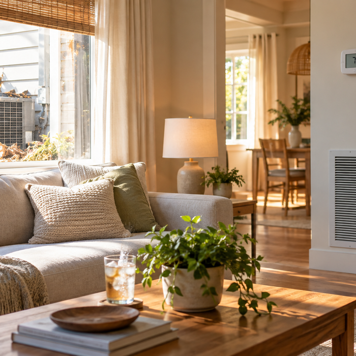Warm living room with thermostat, air vent, and obstructed outdoor air conditioner