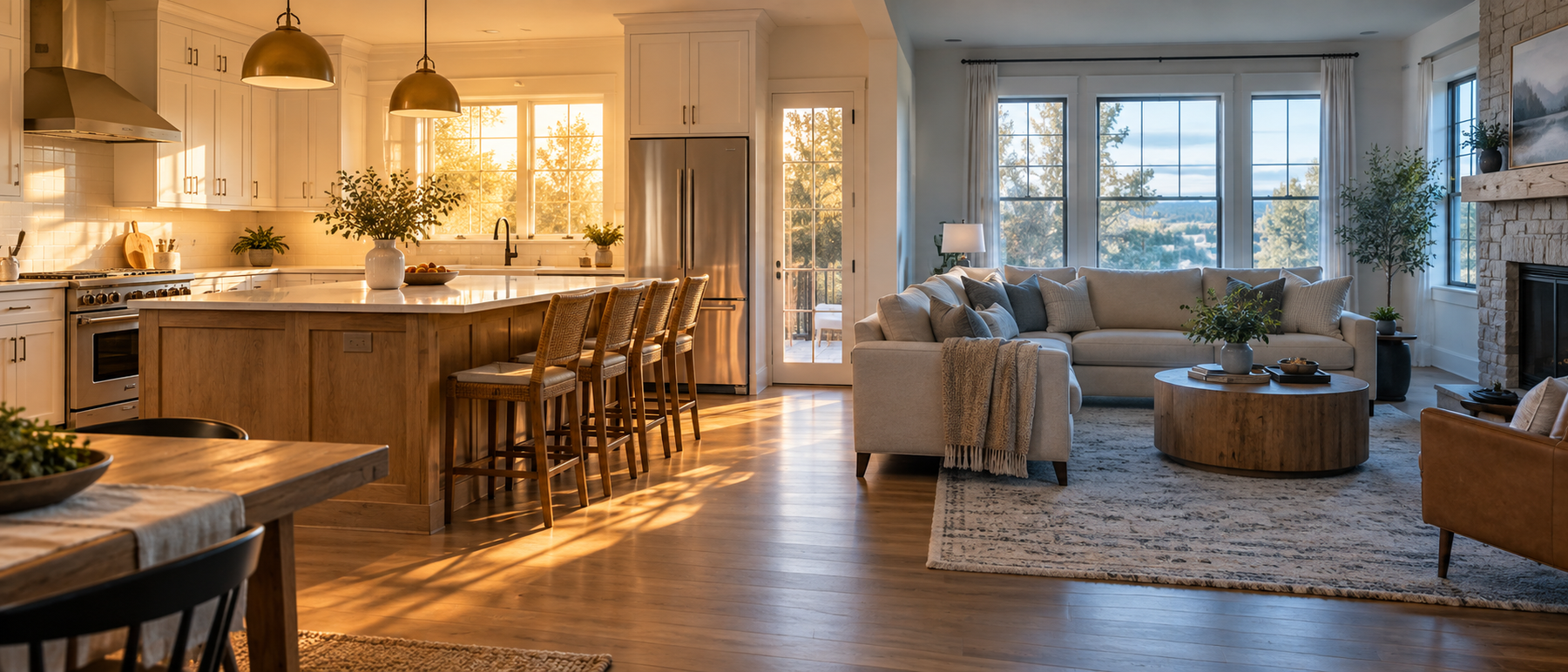 Open-plan kitchen with warmer sunlight beside a cooler living room