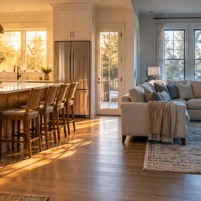 Open-plan kitchen with warmer sunlight beside a cooler living room