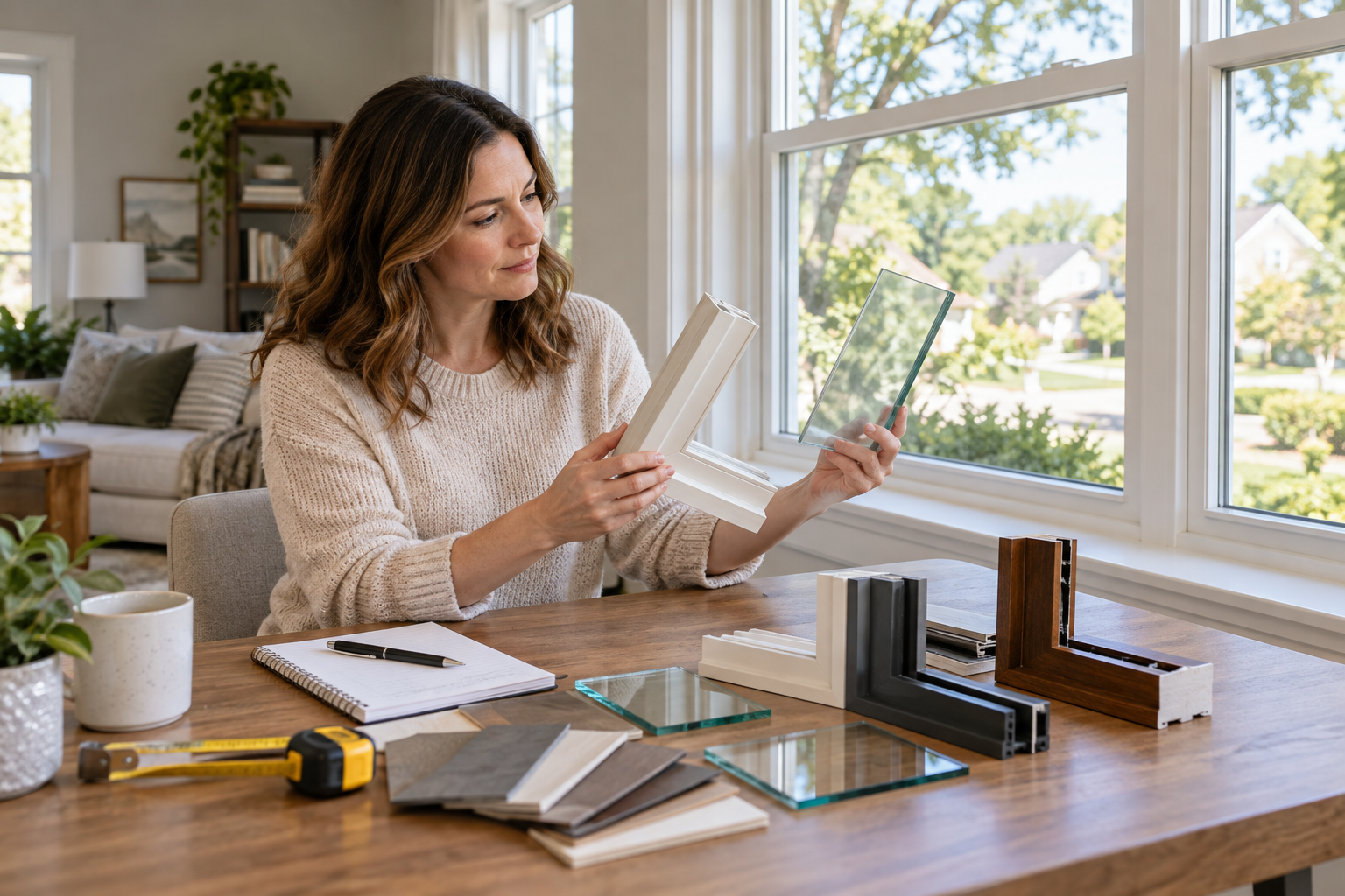 Homeowner comparing window frame and glass samples before a replacement project