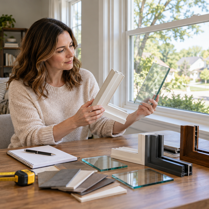Homeowner comparing window frame and glass samples before a replacement project