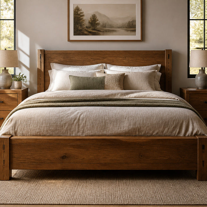 Wooden bed frame and matching bedside tables in a sunlit bedroom