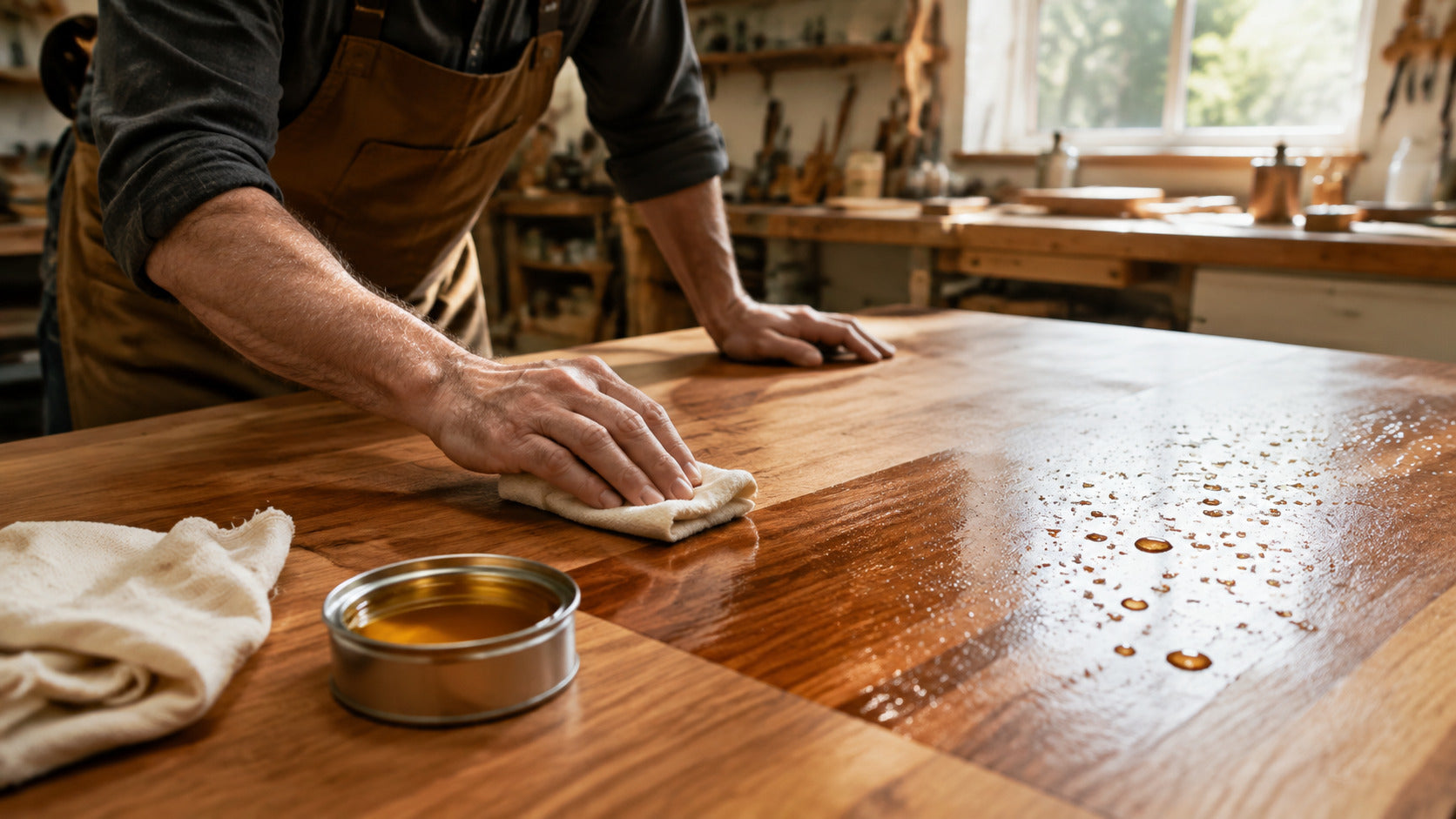 Craftsperson wiping oil onto a wooden tabletop