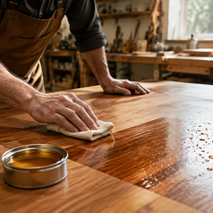 Craftsperson wiping oil onto a wooden tabletop
