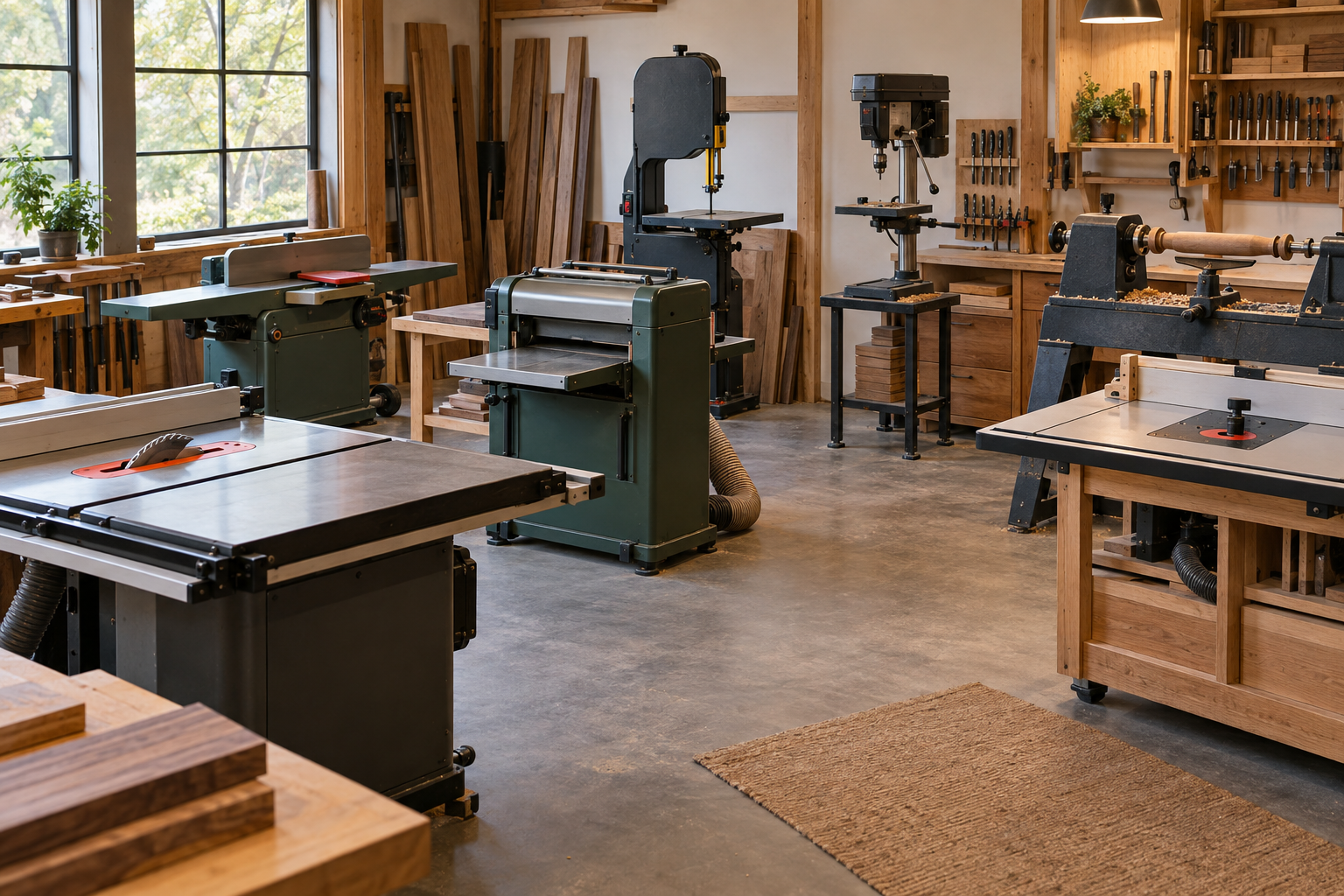 Organized woodworking workshop with essential stationary machines