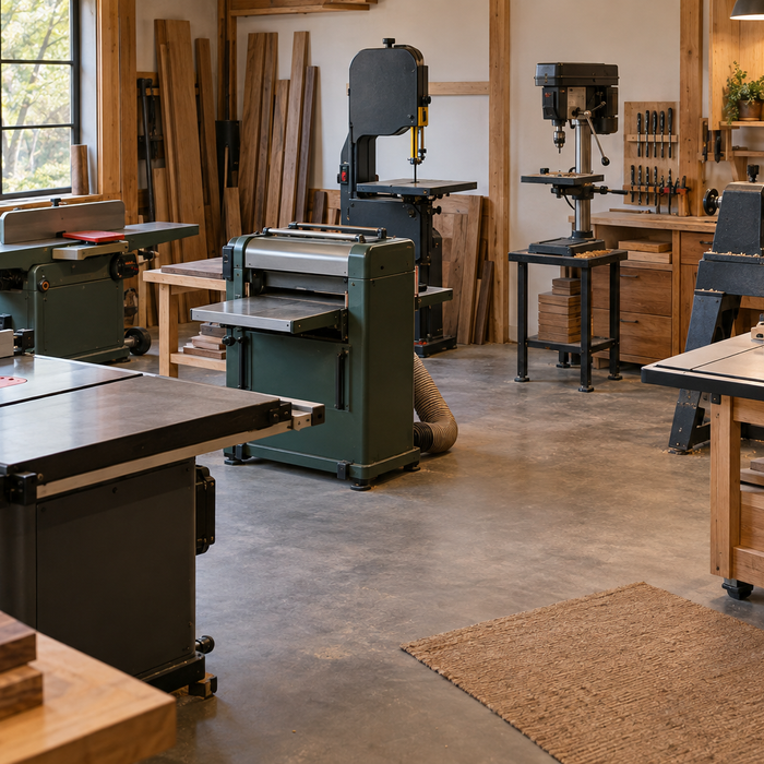 Organized woodworking workshop with essential stationary machines
