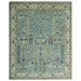 Aqua and ivory traditional Oushak rug flat lay with floral motifs and fringe