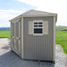 Little Cottage Co. 10x10 Classic Five-Corner Shed, left-side exterior view with double doors and side window with shutters, gray with cream trim