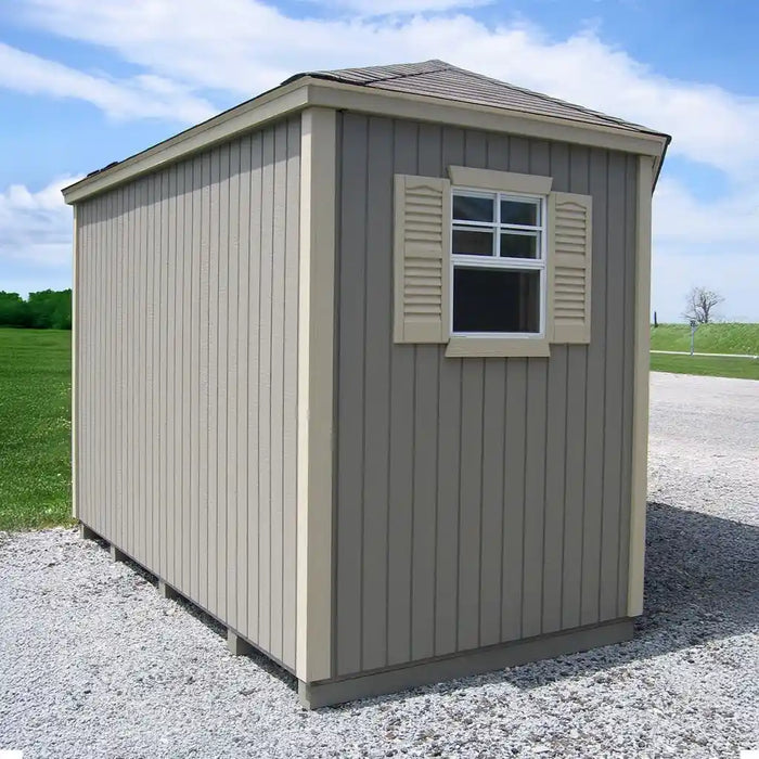 Little Cottage Co. 10x10 Classic Five-Corner Shed, right-side exterior view showing vertical panel siding, side window with shutters, gray with cream trim