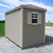 Little Cottage Co. 10x10 Classic Five-Corner Shed, right-side exterior view showing vertical panel siding, side window with shutters, gray with cream trim