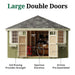 Diagram of a little cottage co colonial five corner shed with large double doors, showing dimensions and features.