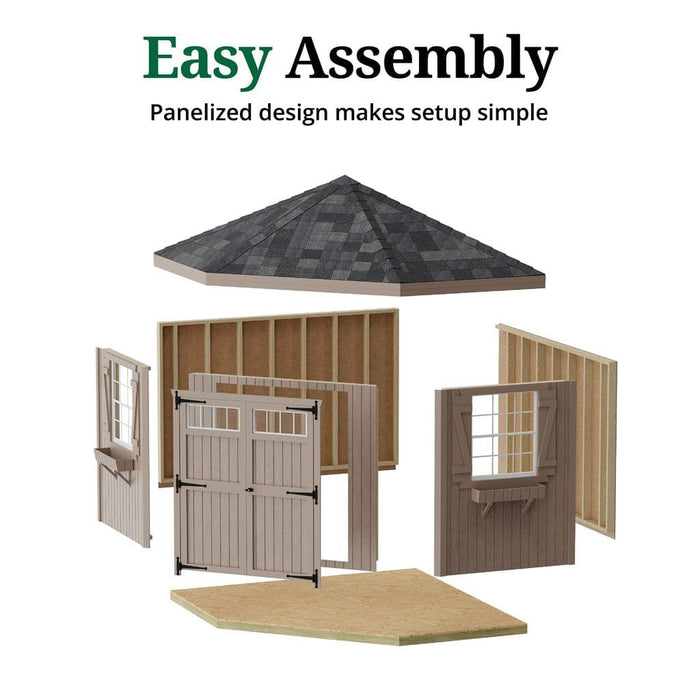 10x10 little cottage co colonial five corner shed kit with panelized design on a white background