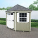 10x10 colonial five corner shed with a gabled roof and white shutters in an outdoor setting.