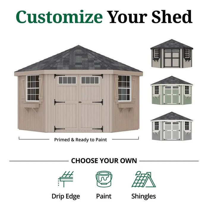 Garden corner shed with customizable options on a white background