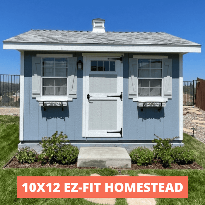 10x12 EZ Fit Riverside shed in blue with a flower box holder in front.